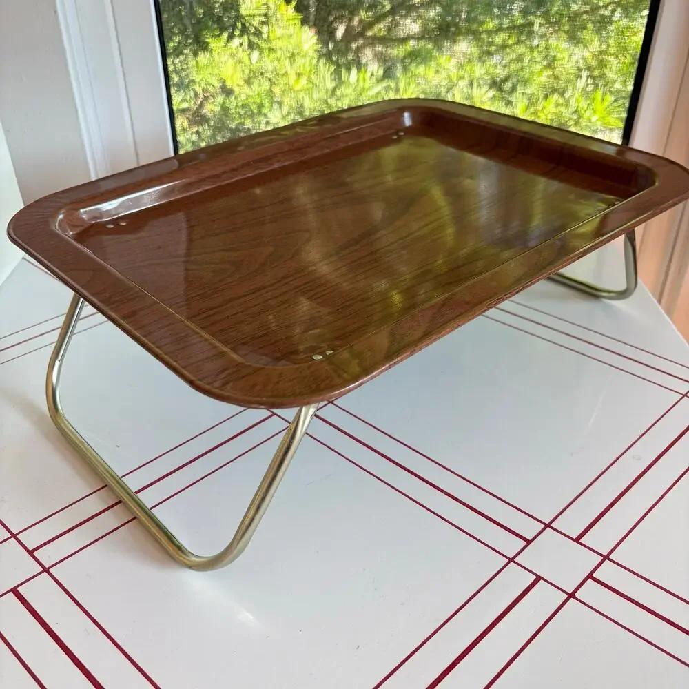 Vintage Faux Bois Metal Folding Lap Tray Gold Tone Legs MCM